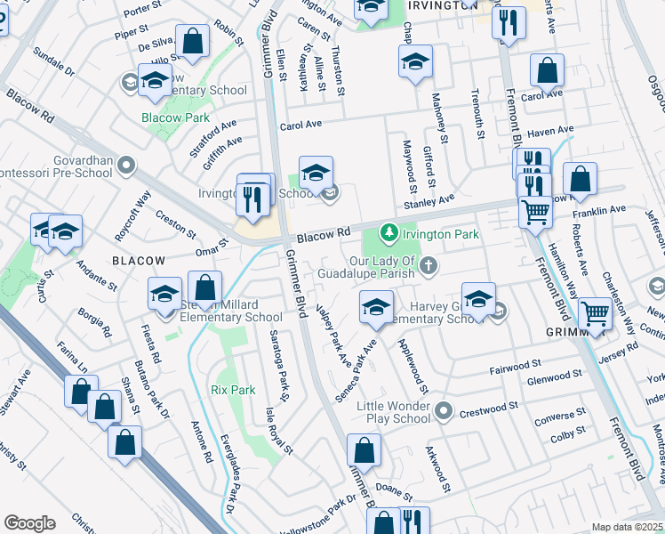 map of restaurants, bars, coffee shops, grocery stores, and more near 4537 Capewood Terrace in Fremont
