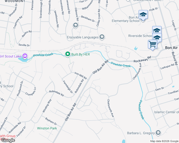 map of restaurants, bars, coffee shops, grocery stores, and more near 2030 Timbers Hill Road in Bon Air