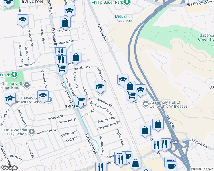 map of restaurants, bars, coffee shops, grocery stores, and more near 3524 Monmouth Place in Fremont