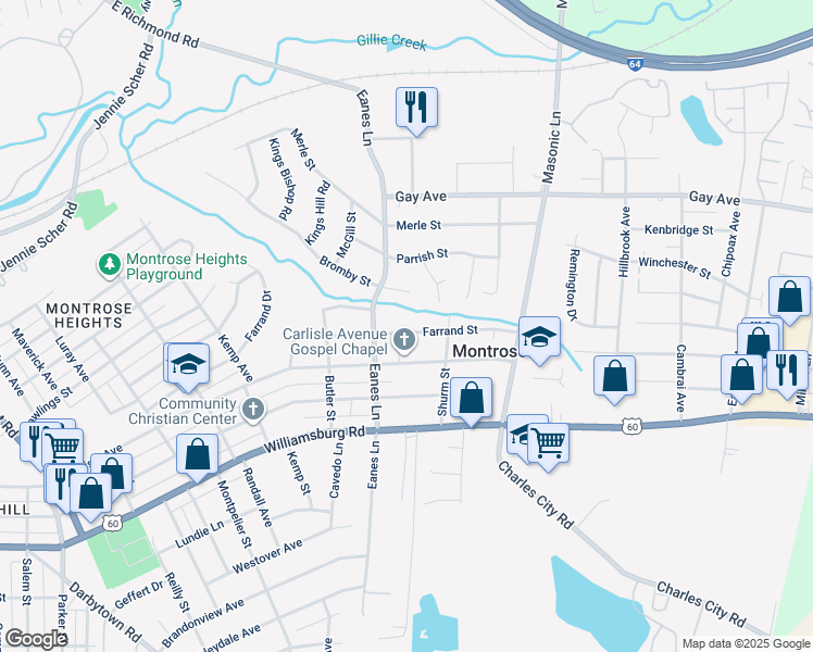 map of restaurants, bars, coffee shops, grocery stores, and more near 2510 Farrand Street in Richmond