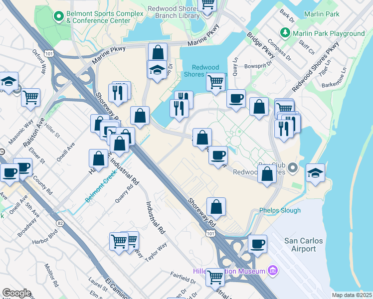 map of restaurants, bars, coffee shops, grocery stores, and more near 150 Shoreline Drive in Redwood City