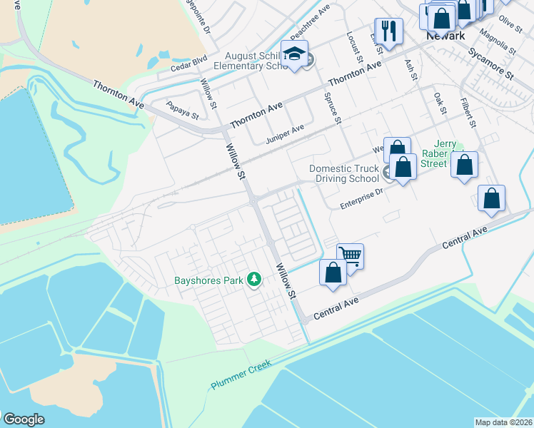 map of restaurants, bars, coffee shops, grocery stores, and more near 37517 Bay Crest Road in Newark