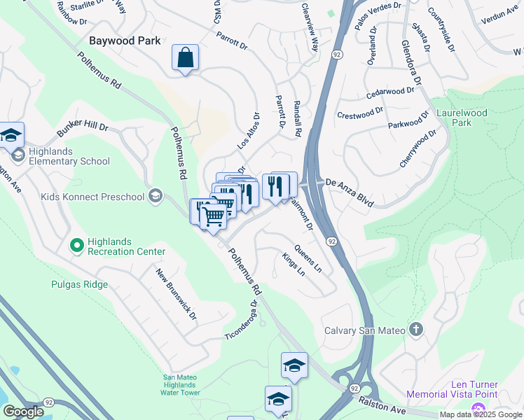 map of restaurants, bars, coffee shops, grocery stores, and more near 2002 De Anza Boulevard in San Mateo