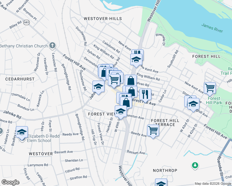 map of restaurants, bars, coffee shops, grocery stores, and more near 5016 Boscobel Avenue in Richmond