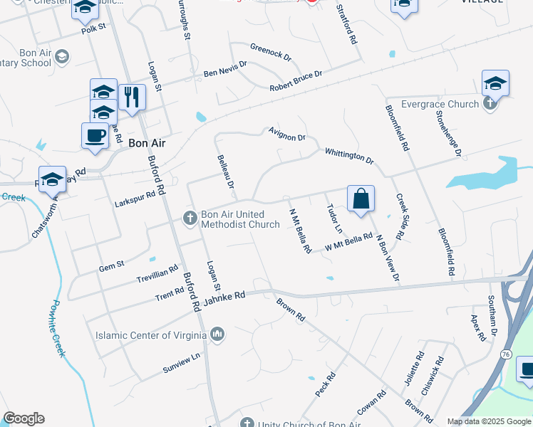 map of restaurants, bars, coffee shops, grocery stores, and more near 8231 West Bon View Drive in Richmond