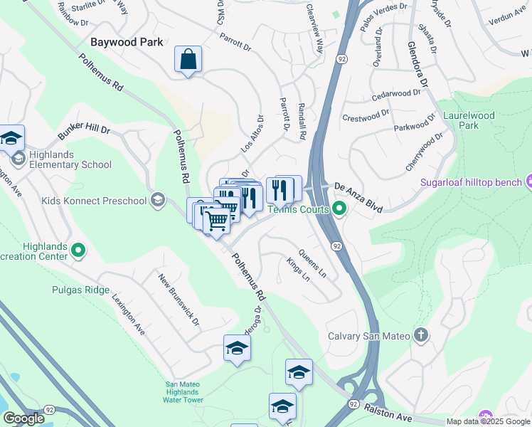 map of restaurants, bars, coffee shops, grocery stores, and more near 2002 De Anza Boulevard in San Mateo