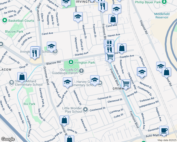 map of restaurants, bars, coffee shops, grocery stores, and more near 4309 Bora Bora Avenue in Fremont