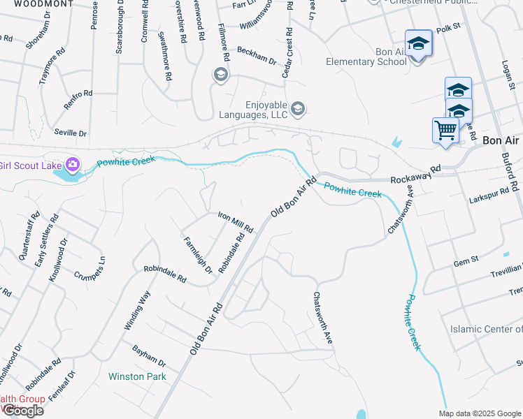 map of restaurants, bars, coffee shops, grocery stores, and more near 2030 Timbers Hill Road in Bon Air