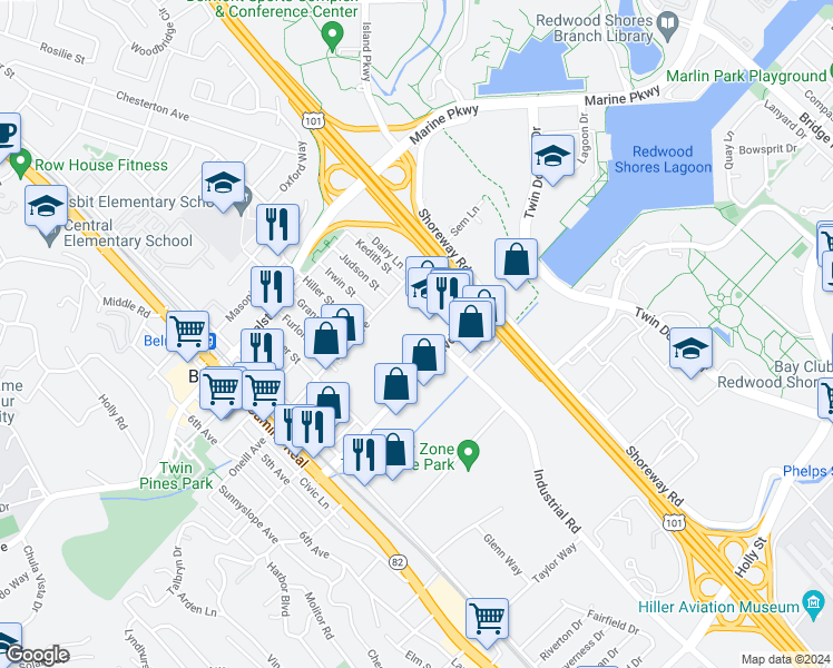 map of restaurants, bars, coffee shops, grocery stores, and more near 264 Harbor Boulevard in Belmont