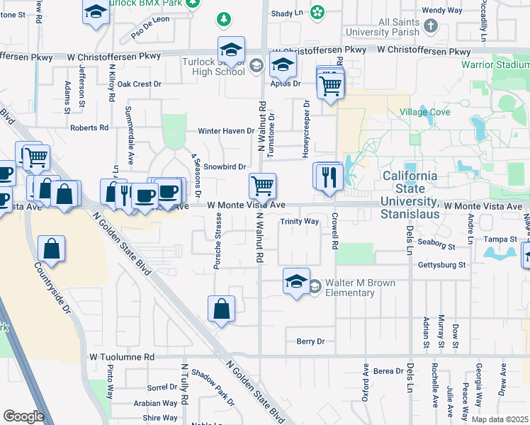 map of restaurants, bars, coffee shops, grocery stores, and more near 3135 North Walnut Road in Turlock