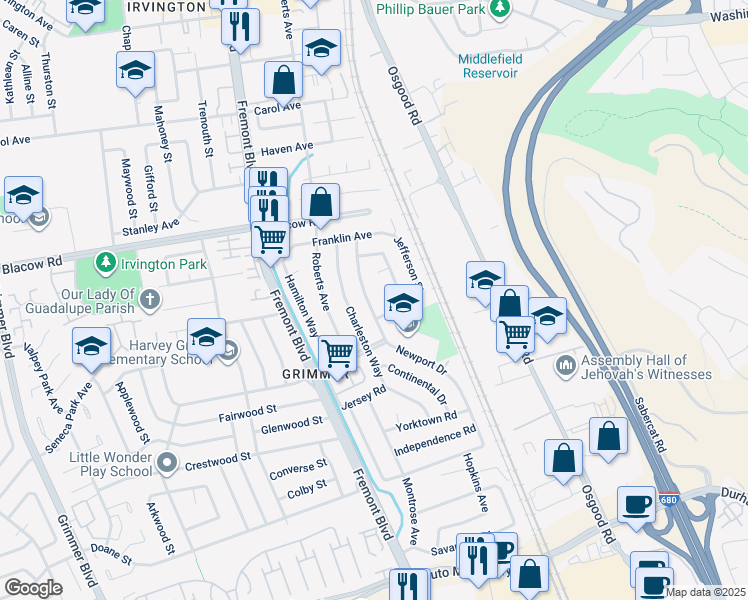 map of restaurants, bars, coffee shops, grocery stores, and more near 42861 Newport Drive in Fremont