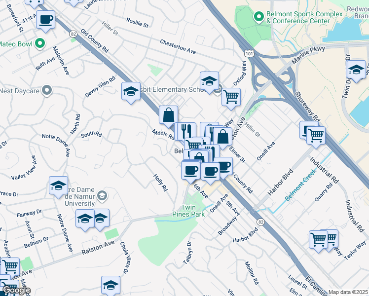 map of restaurants, bars, coffee shops, grocery stores, and more near 855 Laurel Avenue in Belmont