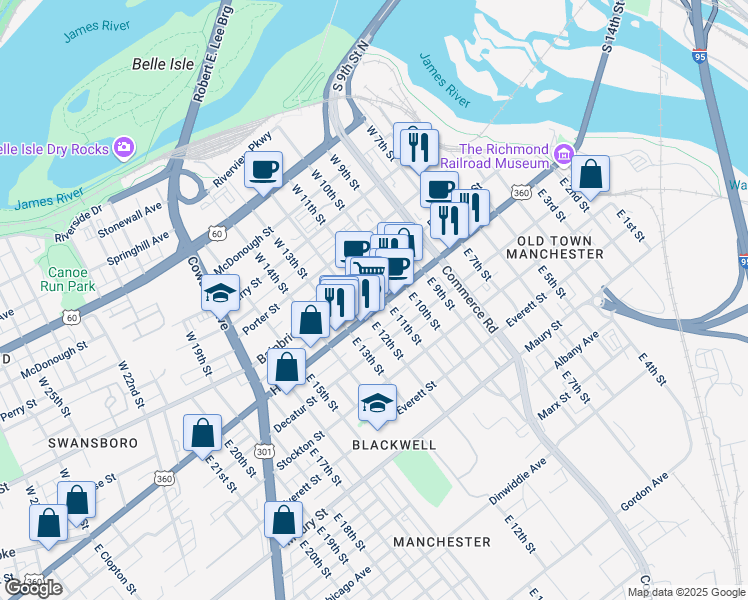 map of restaurants, bars, coffee shops, grocery stores, and more near 1114 Hull Street in Richmond