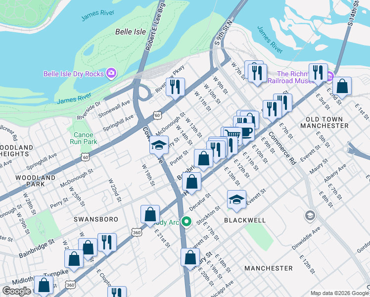 map of restaurants, bars, coffee shops, grocery stores, and more near 1420 Porter Street in Richmond
