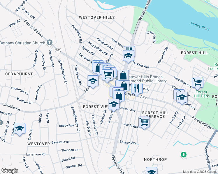 map of restaurants, bars, coffee shops, grocery stores, and more near 4910 Forest Hill Ave in Richmond