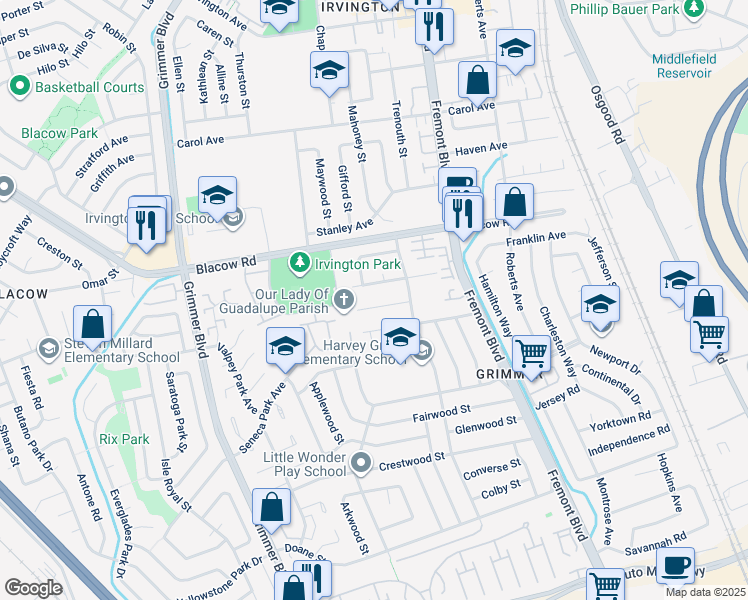 map of restaurants, bars, coffee shops, grocery stores, and more near 4309 Bora Bora Avenue in Fremont