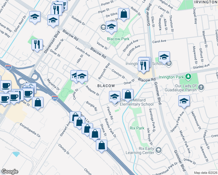 map of restaurants, bars, coffee shops, grocery stores, and more near 4940 Omar Street in Fremont