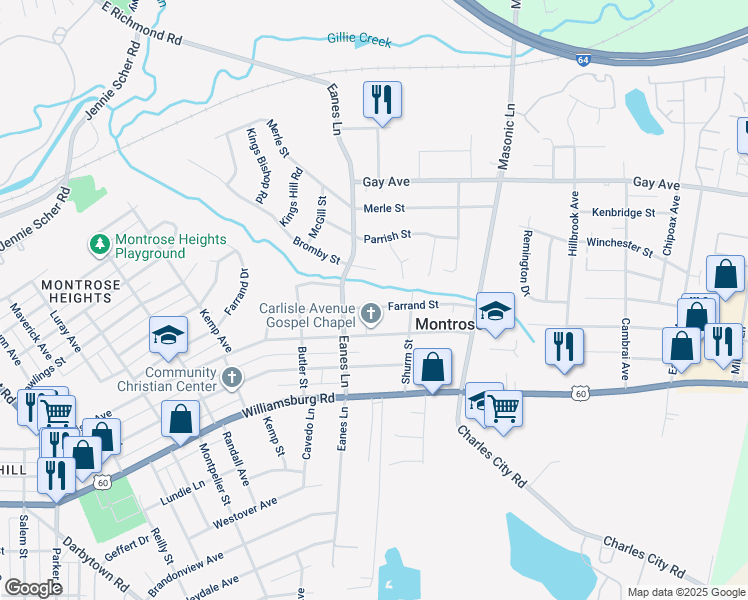 map of restaurants, bars, coffee shops, grocery stores, and more near 2510 Farrand Street in Richmond