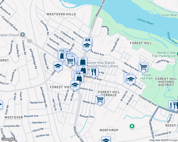 map of restaurants, bars, coffee shops, grocery stores, and more near 4708 Devonshire Road in Richmond
