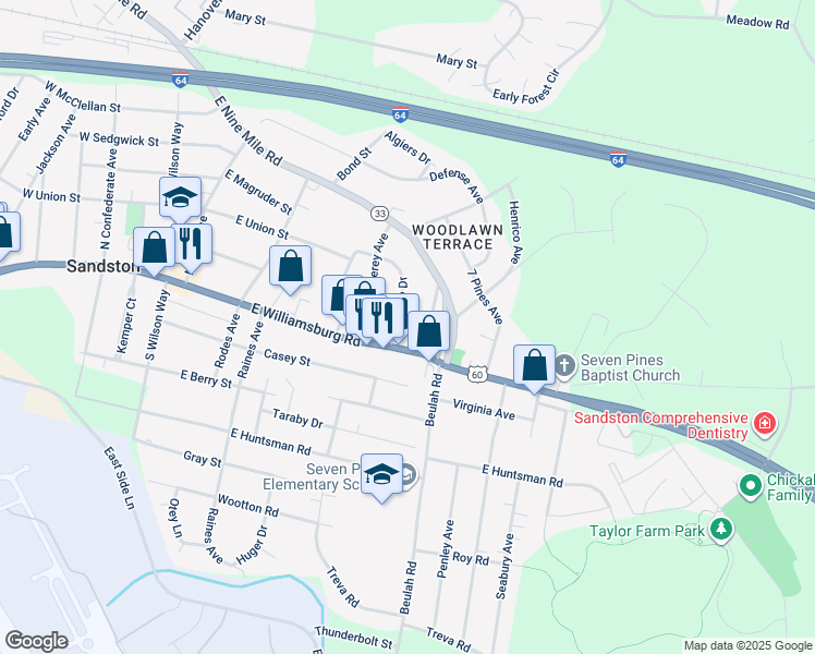 map of restaurants, bars, coffee shops, grocery stores, and more near 12 Eastlake Drive in Sandston