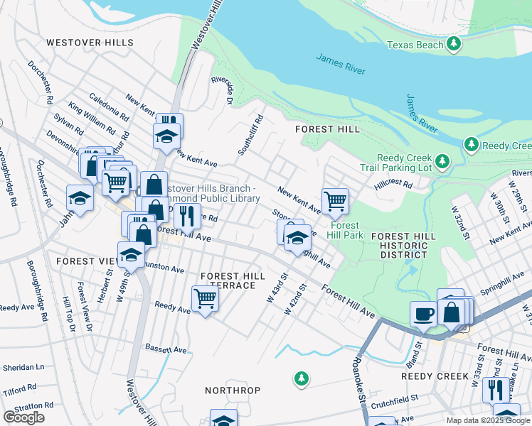map of restaurants, bars, coffee shops, grocery stores, and more near 4416 Stonewall Avenue in Richmond