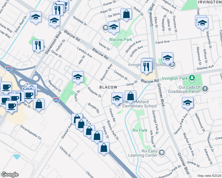 map of restaurants, bars, coffee shops, grocery stores, and more near 4940 Omar Street in Fremont