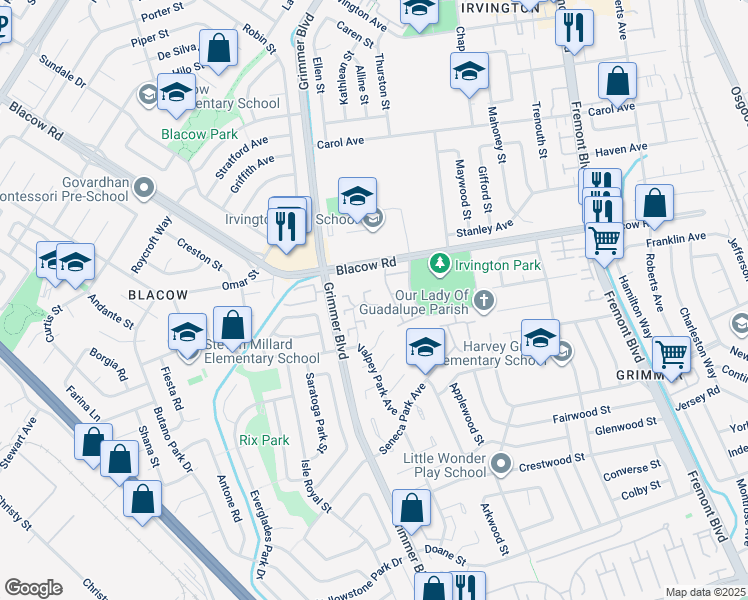 map of restaurants, bars, coffee shops, grocery stores, and more near 4537 Capewood Terrace in Fremont