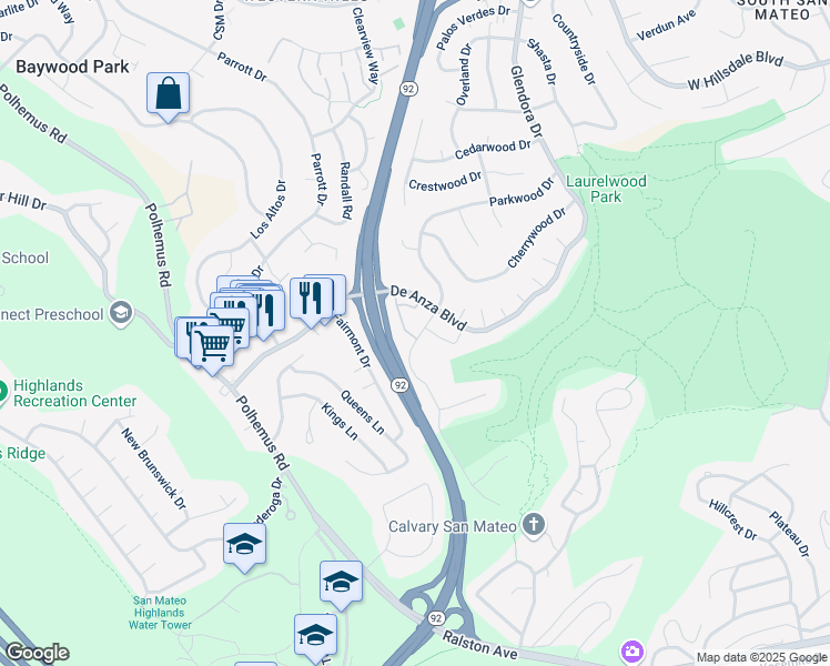 map of restaurants, bars, coffee shops, grocery stores, and more near 1822 Parkwood Drive in San Mateo