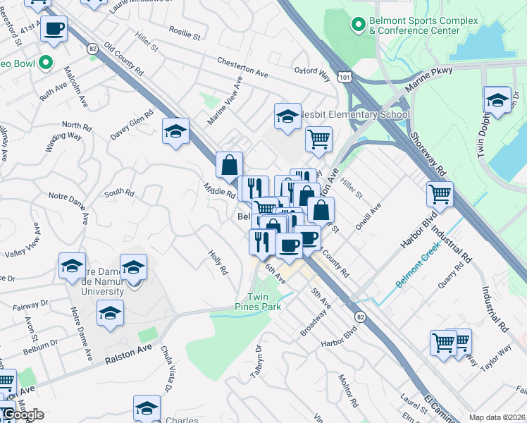 map of restaurants, bars, coffee shops, grocery stores, and more near California 82 in Belmont