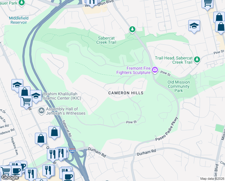 map of restaurants, bars, coffee shops, grocery stores, and more near 43607 Southerland Way in Fremont