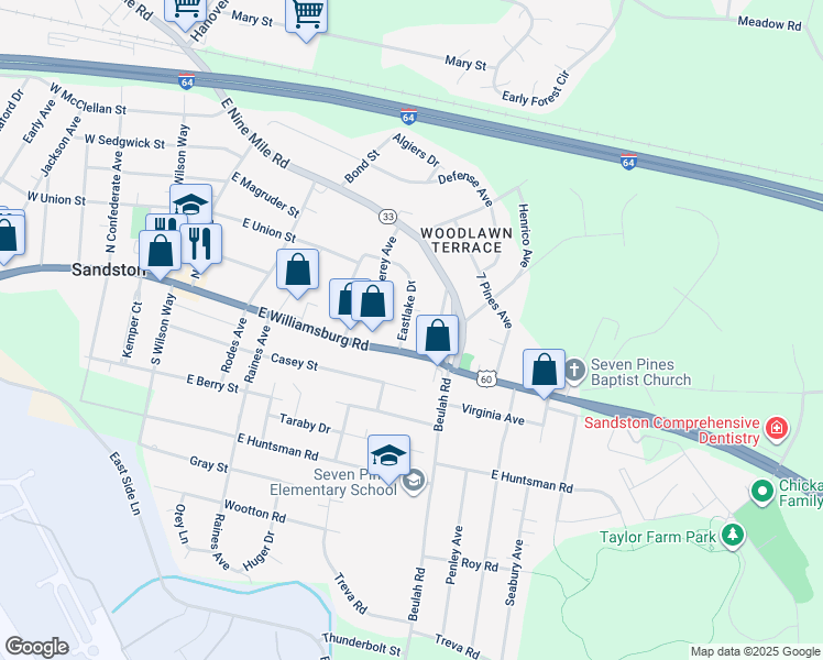 map of restaurants, bars, coffee shops, grocery stores, and more near 12 Eastlake Drive in Sandston