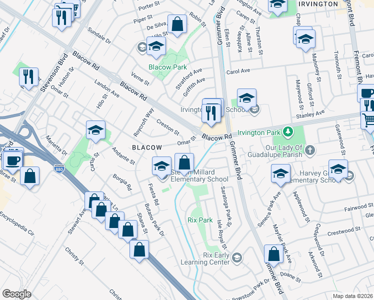 map of restaurants, bars, coffee shops, grocery stores, and more near 4844 Mauna Loa Park Drive in Fremont