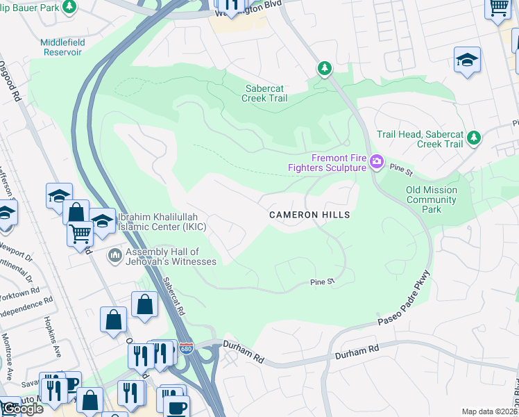 map of restaurants, bars, coffee shops, grocery stores, and more near 43583 Southerland Way in Fremont