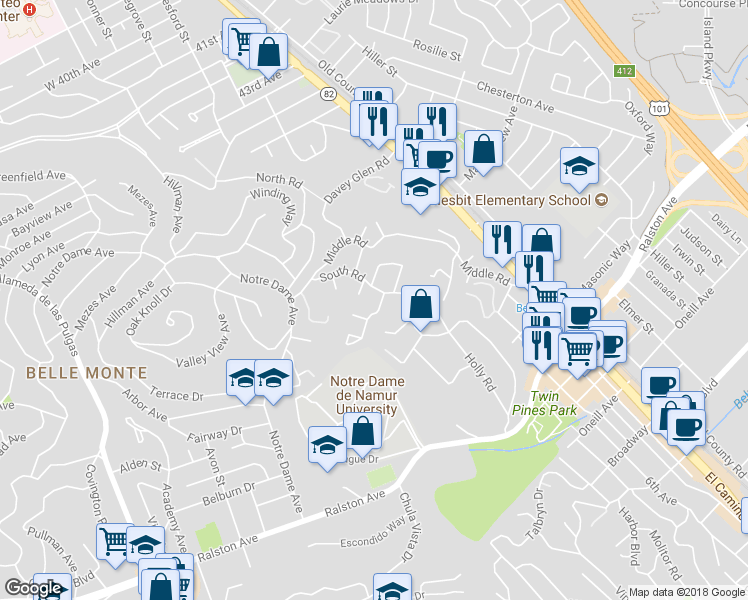 map of restaurants, bars, coffee shops, grocery stores, and more near 510 South Road in Belmont