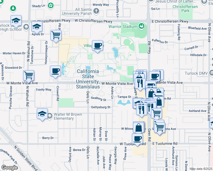 map of restaurants, bars, coffee shops, grocery stores, and more near 581 Ledwith Court in Turlock