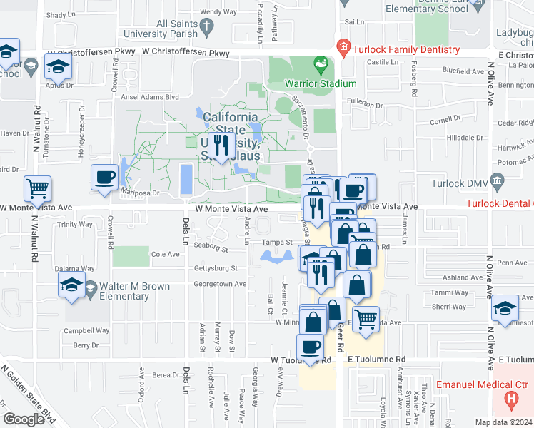 map of restaurants, bars, coffee shops, grocery stores, and more near 3154 Andre Lane in Turlock