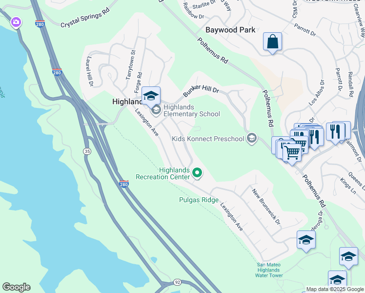 map of restaurants, bars, coffee shops, grocery stores, and more near 1708 Yorktown Road in San Mateo