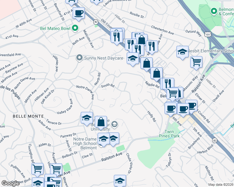 map of restaurants, bars, coffee shops, grocery stores, and more near 510 South Road in Belmont