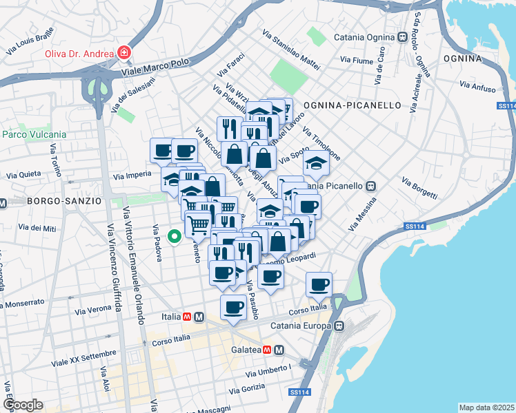map of restaurants, bars, coffee shops, grocery stores, and more near 20 Via Falsaperla in Catania