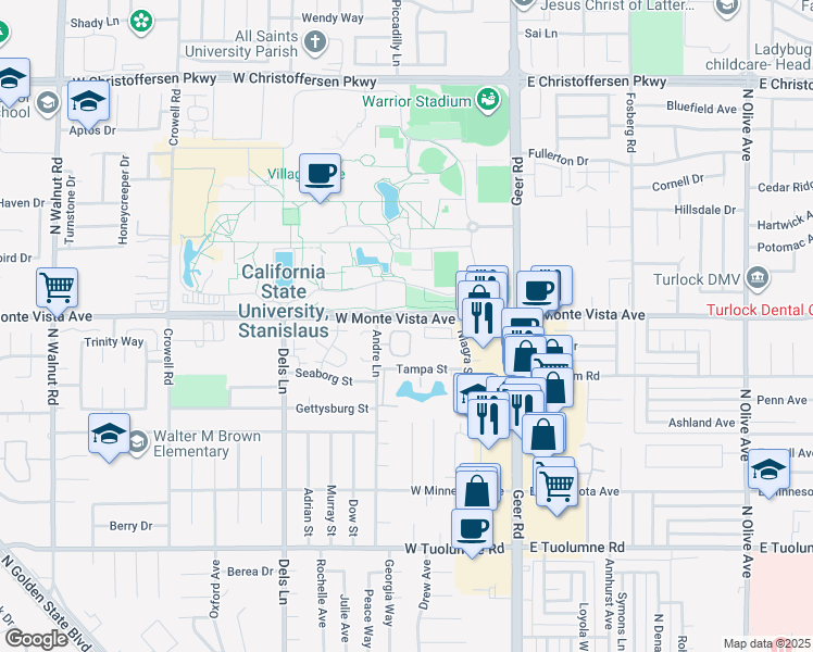 map of restaurants, bars, coffee shops, grocery stores, and more near 3154 Andre Lane in Turlock