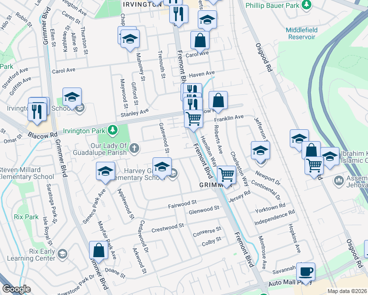 map of restaurants, bars, coffee shops, grocery stores, and more near 4070 Drew Terrace in Fremont