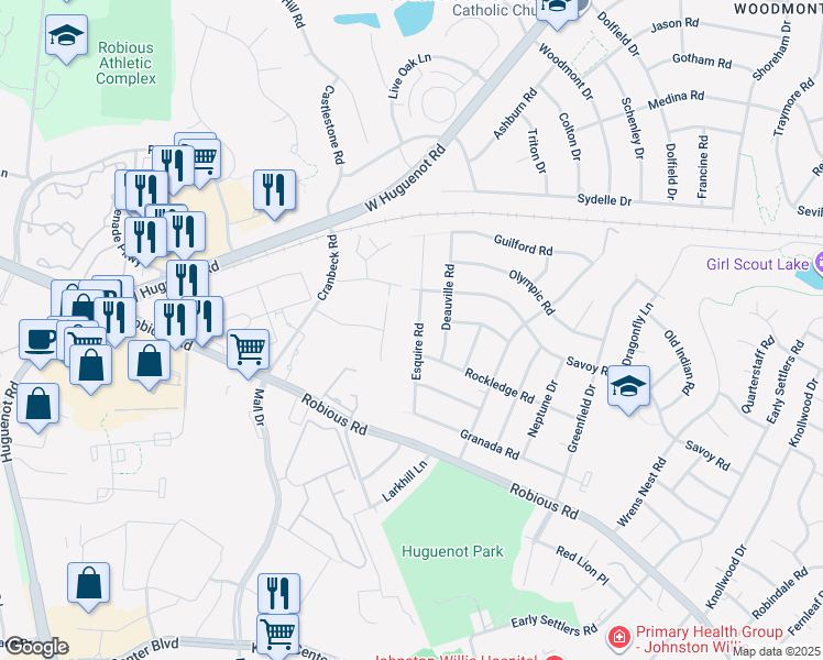 map of restaurants, bars, coffee shops, grocery stores, and more near 2024 Esquire Road in Richmond