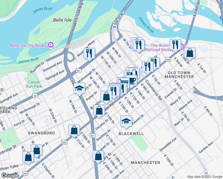 map of restaurants, bars, coffee shops, grocery stores, and more near 1225 Bainbridge Street in Richmond