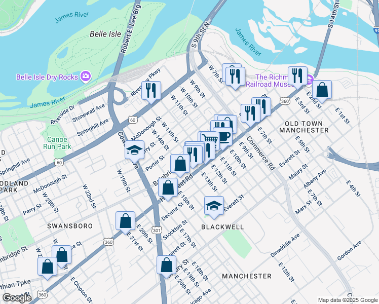map of restaurants, bars, coffee shops, grocery stores, and more near 1225 Bainbridge Street in Richmond