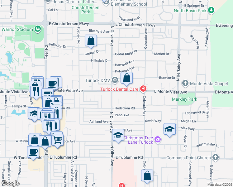 map of restaurants, bars, coffee shops, grocery stores, and more near 3120 Linfield Court in Turlock