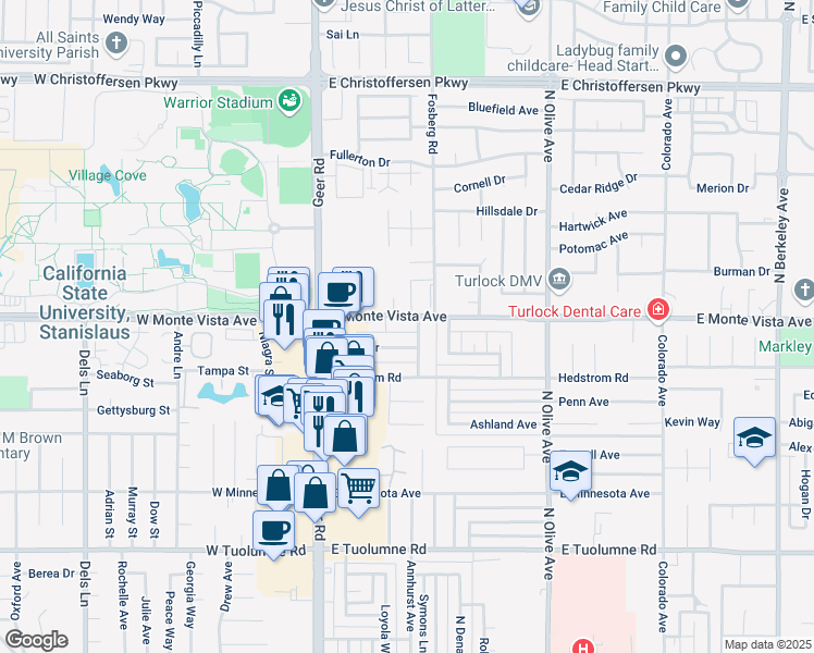 map of restaurants, bars, coffee shops, grocery stores, and more near 213 Hayes Drive in Turlock