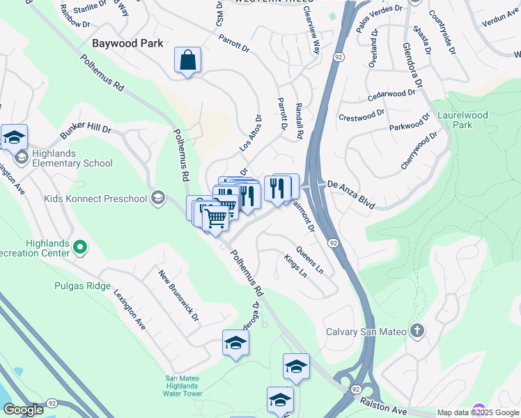 map of restaurants, bars, coffee shops, grocery stores, and more near 1976 Timberlane Way in San Mateo