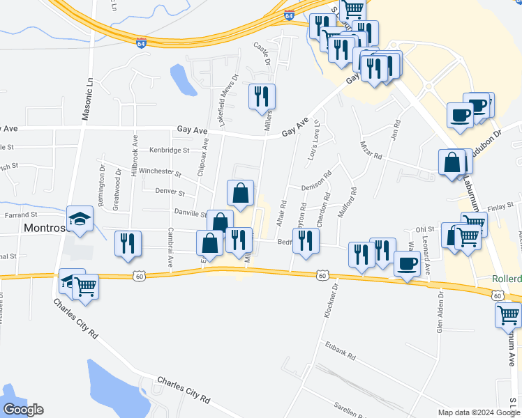 map of restaurants, bars, coffee shops, grocery stores, and more near 4969 Millers Lane in Richmond