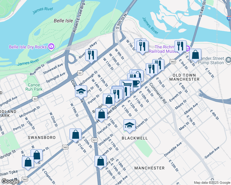 map of restaurants, bars, coffee shops, grocery stores, and more near 1227 Hull Street in Richmond