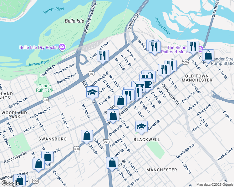 map of restaurants, bars, coffee shops, grocery stores, and more near 1323 Bainbridge Street in Richmond